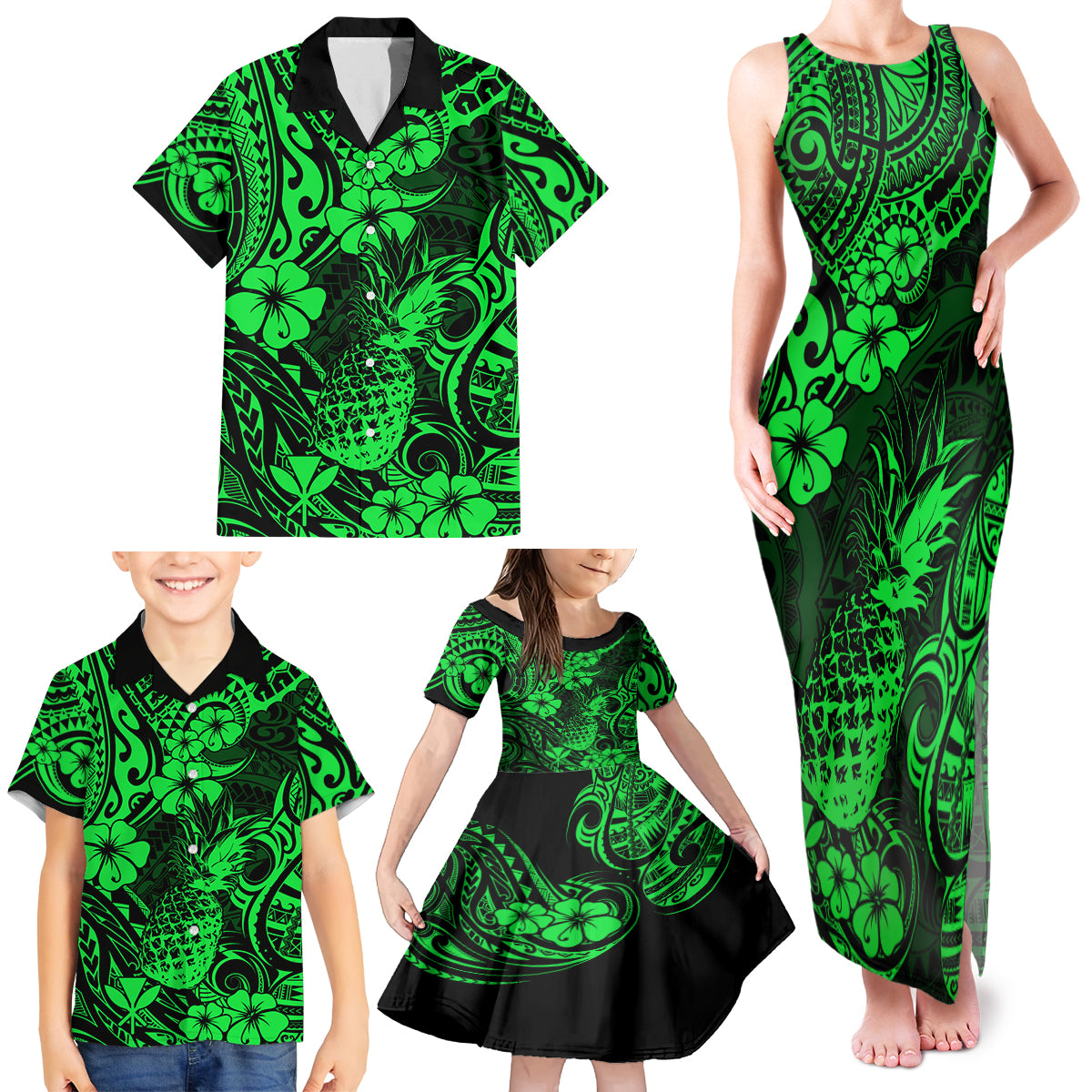 Hawaii Pineapple Family Matching Tank Maxi Dress and Hawaiian Shirt Paradise Flowers Pacific With Green Polynesian Tribal - Wonder Print Shop