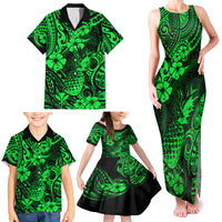 Hawaii Pineapple Family Matching Tank Maxi Dress and Hawaiian Shirt Paradise Flowers Pacific With Green Polynesian Tribal - Wonder Print Shop