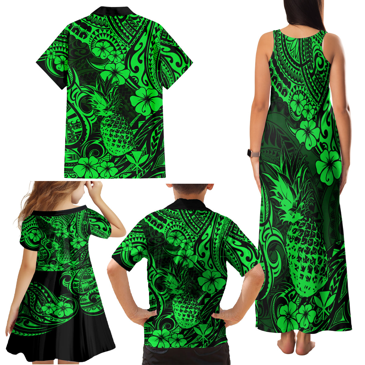 Hawaii Pineapple Family Matching Tank Maxi Dress and Hawaiian Shirt Paradise Flowers Pacific With Green Polynesian Tribal - Wonder Print Shop