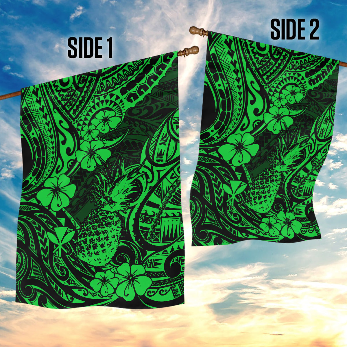 Hawaii Pineapple Garden Flag Paradise Flowers Pacific With Green Polynesian Tribal - Wonder Print Shop