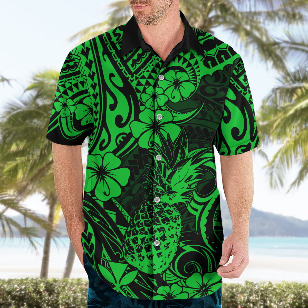 Hawaii Pineapple Hawaiian Shirt Paradise Flowers Pacific With Green Polynesian Tribal - Wonder Print Shop