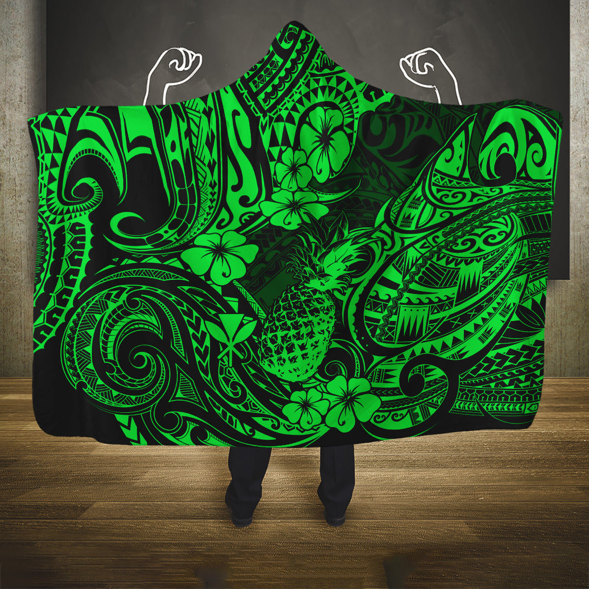 hawaii-pineapple-hooded-blanket-paradise-flowers-pacific-with-green-polynesian-tribal