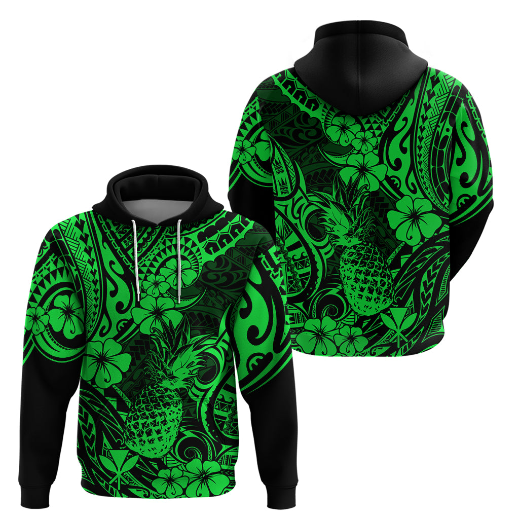 Hawaii Pineapple Hoodie Paradise Flowers Pacific With Green Polynesian Tribal - Wonder Print Shop