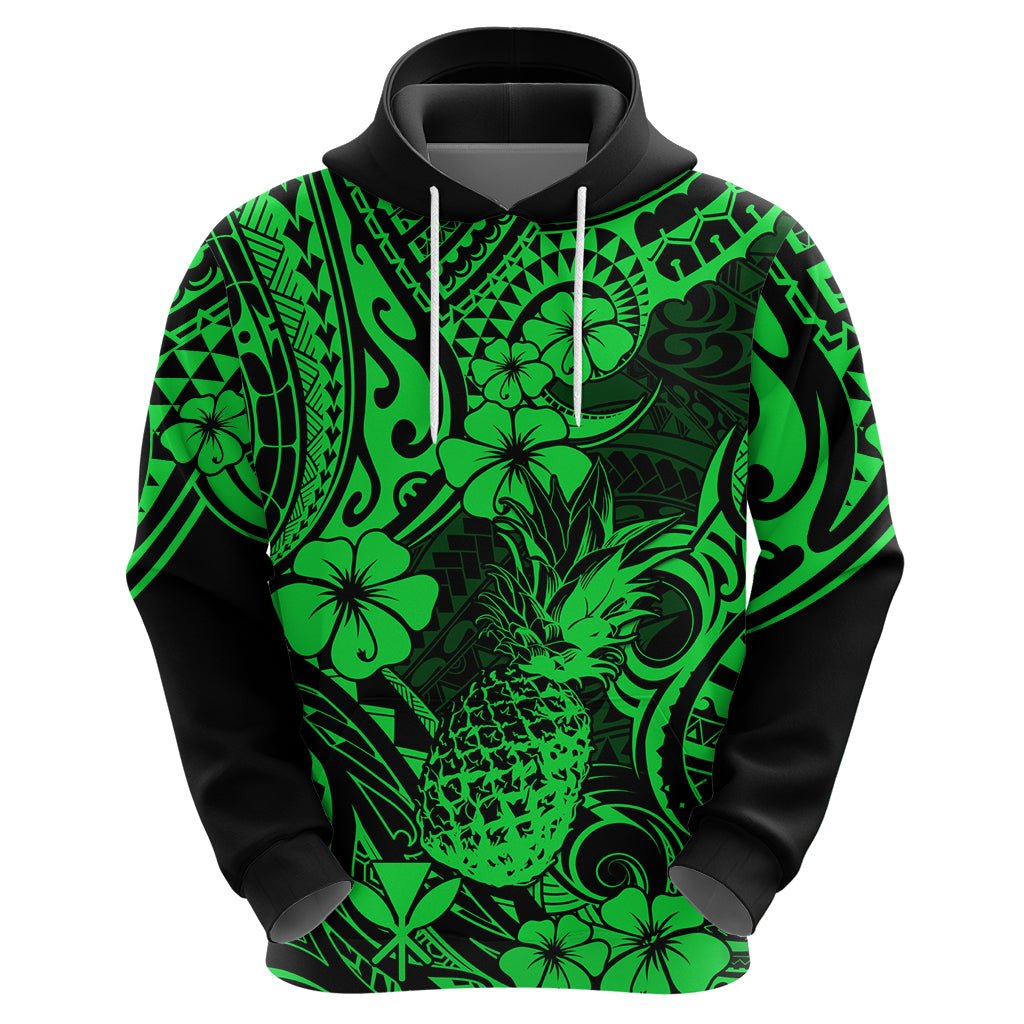 Hawaii Pineapple Hoodie Paradise Flowers Pacific With Green Polynesian Tribal - Wonder Print Shop
