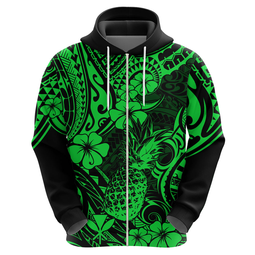 Hawaii Pineapple Hoodie Paradise Flowers Pacific With Green Polynesian Tribal - Wonder Print Shop