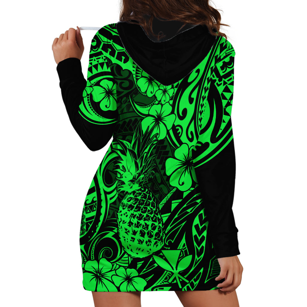 Hawaii Pineapple Hoodie Dress Paradise Flowers Pacific With Green Polynesian Tribal - Wonder Print Shop