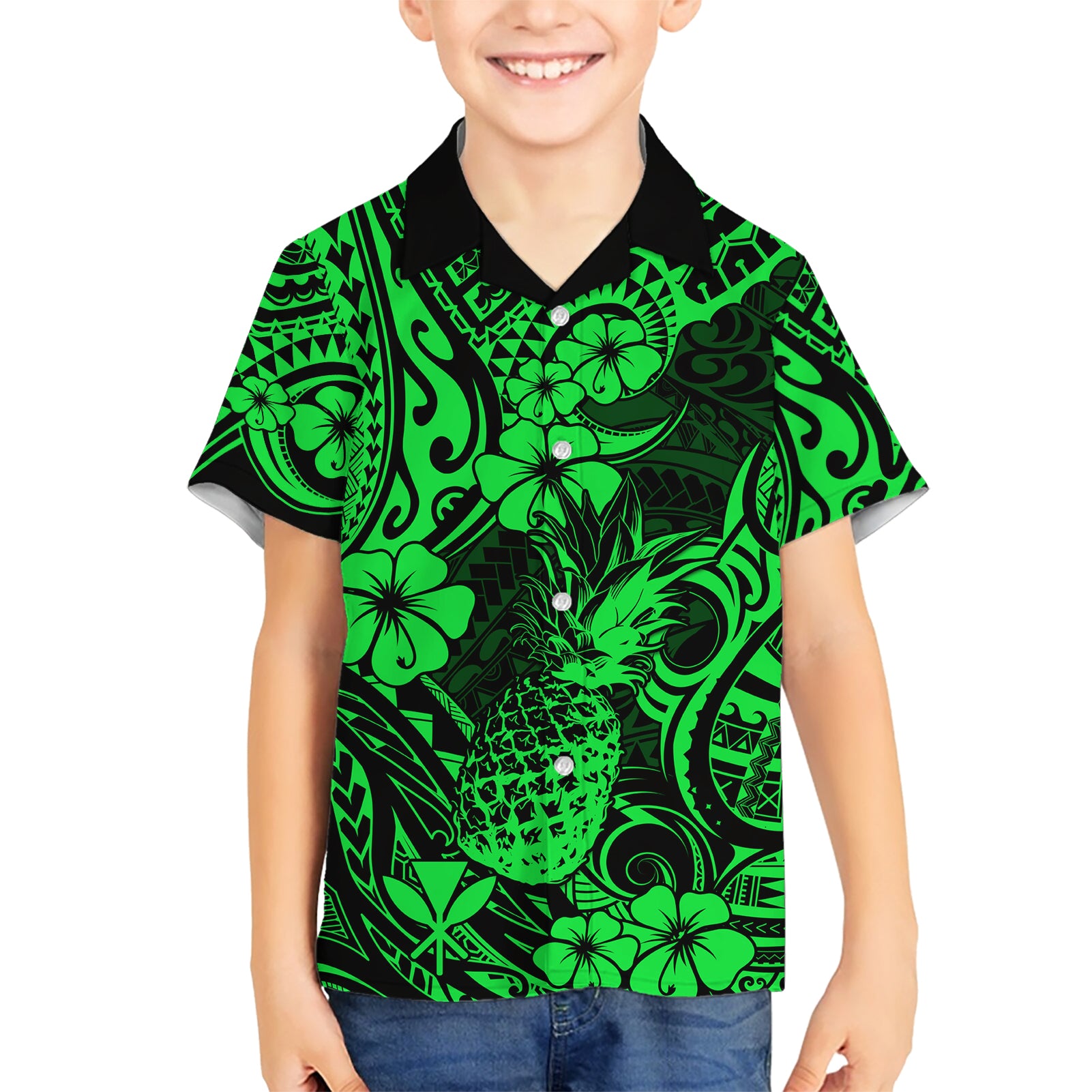 Hawaii Pineapple Kid Hawaiian Shirt Paradise Flowers Pacific With Green Polynesian Tribal - Wonder Print Shop