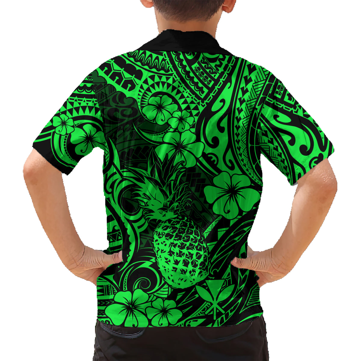 Hawaii Pineapple Kid Hawaiian Shirt Paradise Flowers Pacific With Green Polynesian Tribal - Wonder Print Shop