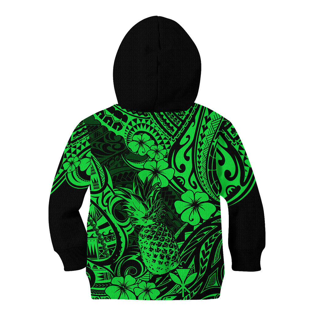 Hawaii Pineapple Kid Hoodie Paradise Flowers Pacific With Green Polynesian Tribal - Wonder Print Shop