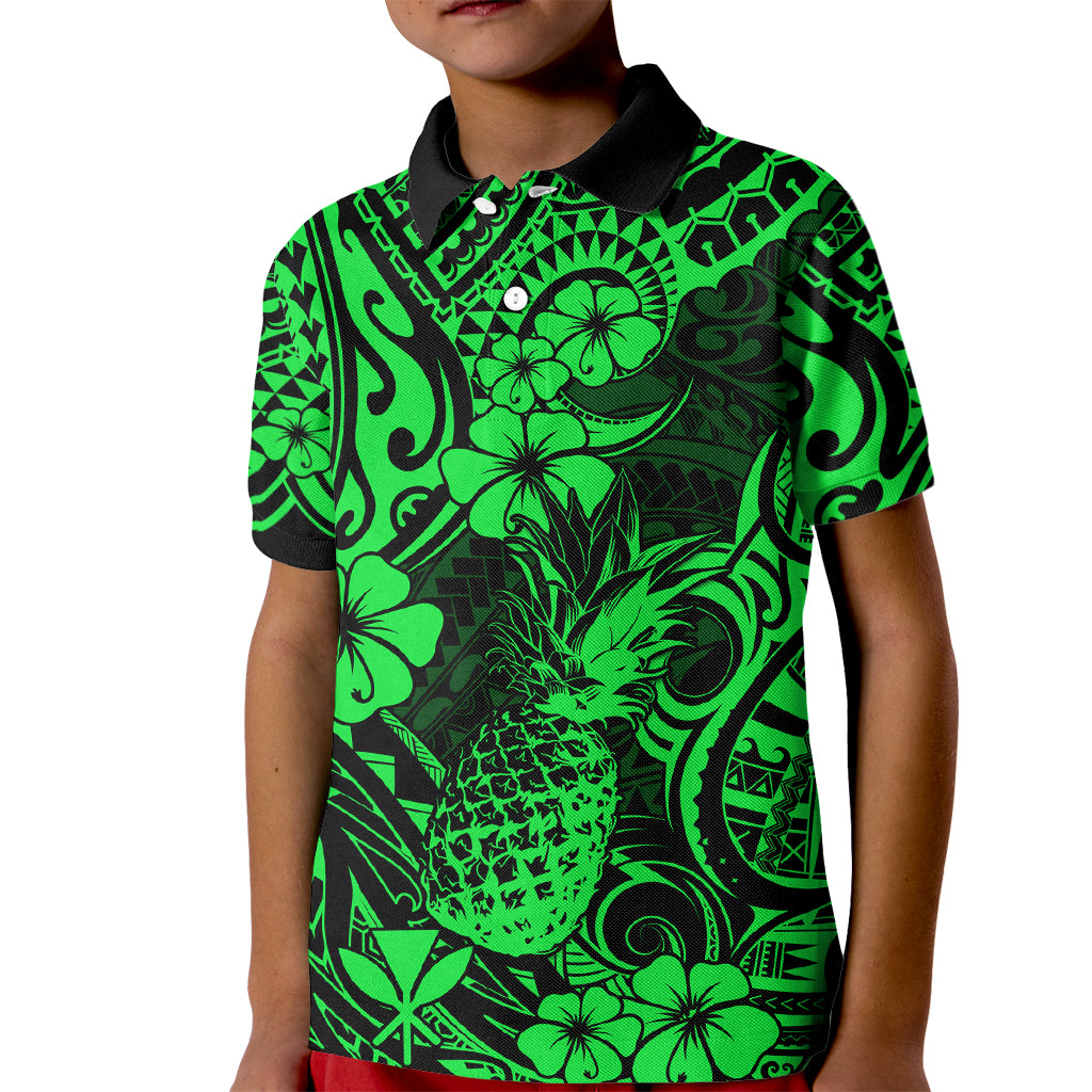 Hawaii Pineapple Kid Polo Shirt Paradise Flowers Pacific With Green Polynesian Tribal - Wonder Print Shop