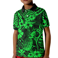 Hawaii Pineapple Kid Polo Shirt Paradise Flowers Pacific With Green Polynesian Tribal - Wonder Print Shop