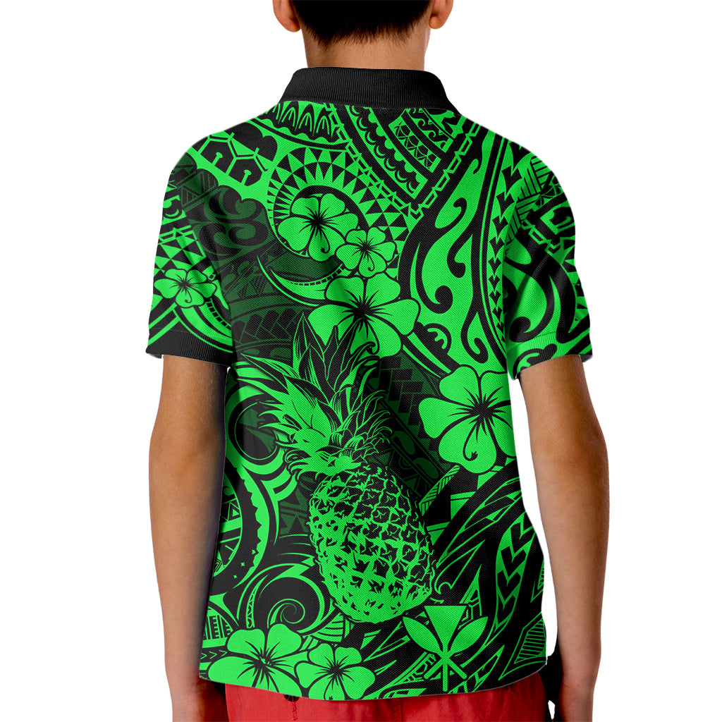 Hawaii Pineapple Kid Polo Shirt Paradise Flowers Pacific With Green Polynesian Tribal - Wonder Print Shop