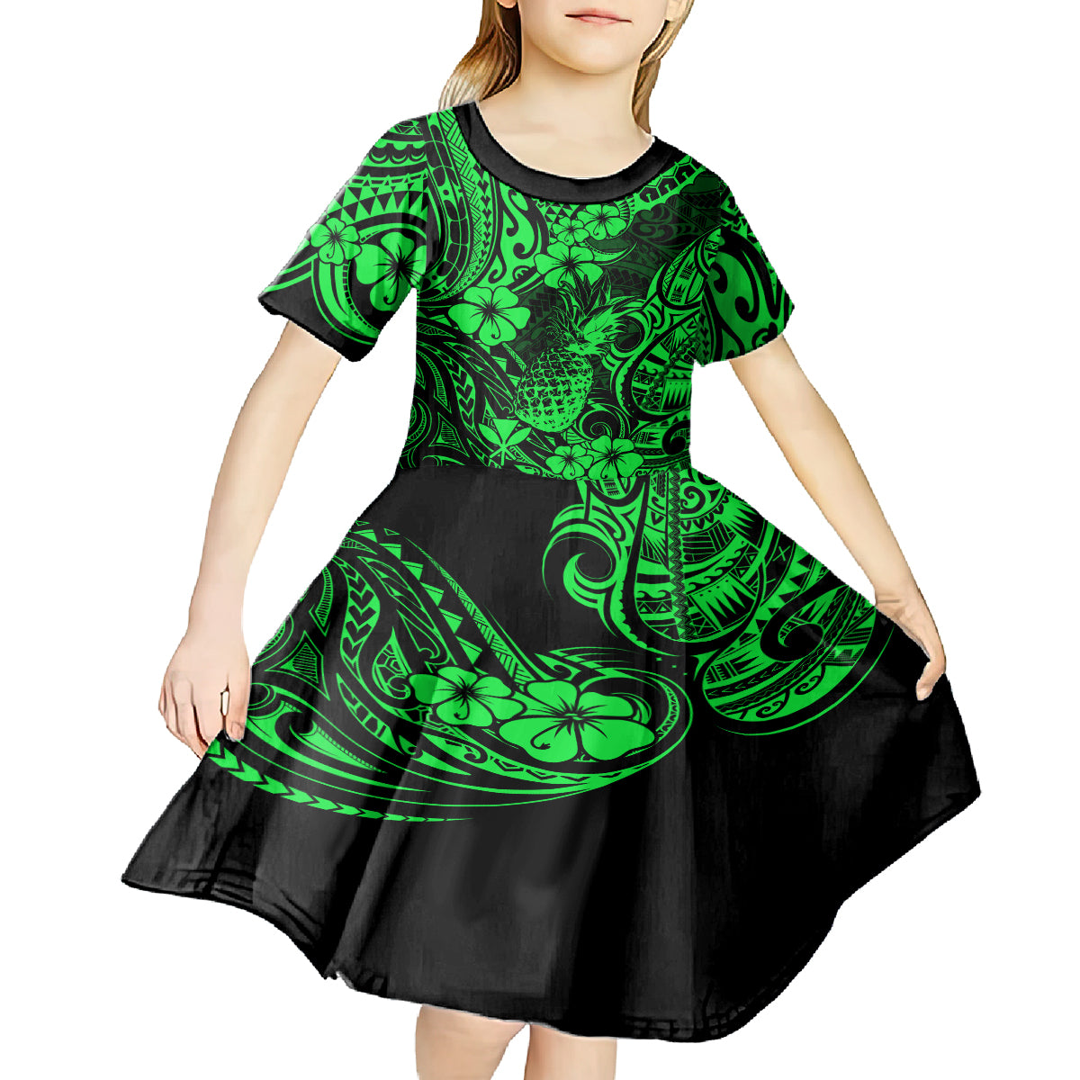 Hawaii Pineapple Kid Short Sleeve Dress Paradise Flowers Pacific With Green Polynesian Tribal - Wonder Print Shop