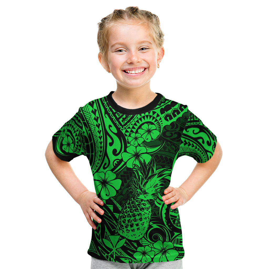 Hawaii Pineapple Kid T Shirt Paradise Flowers Pacific With Green Polynesian Tribal - Wonder Print Shop