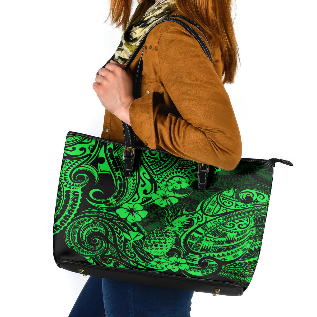 Hawaii Pineapple Leather Tote Bag Paradise Flowers Pacific With Green Polynesian Tribal - Wonder Print Shop