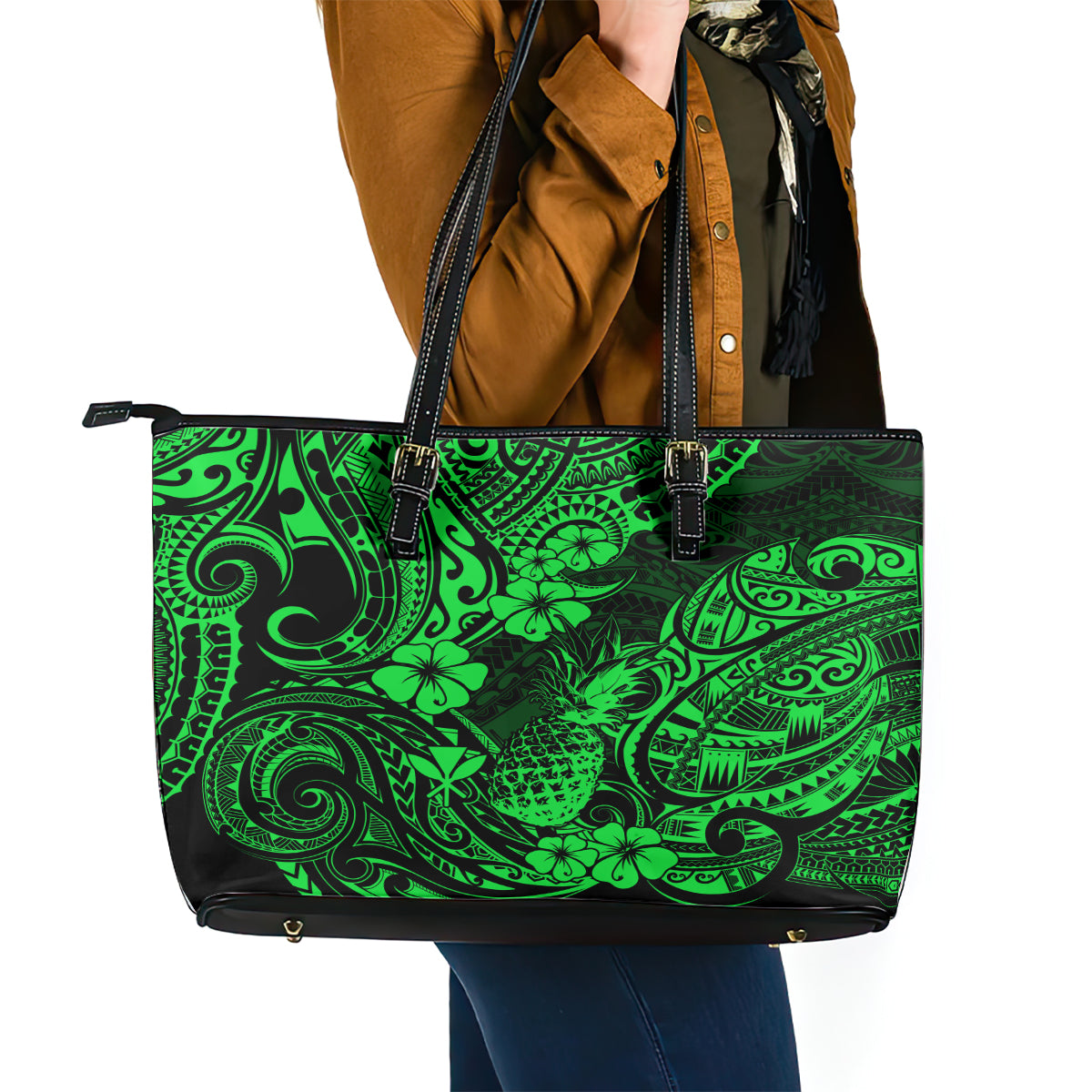 Hawaii Pineapple Leather Tote Bag Paradise Flowers Pacific With Green Polynesian Tribal - Wonder Print Shop