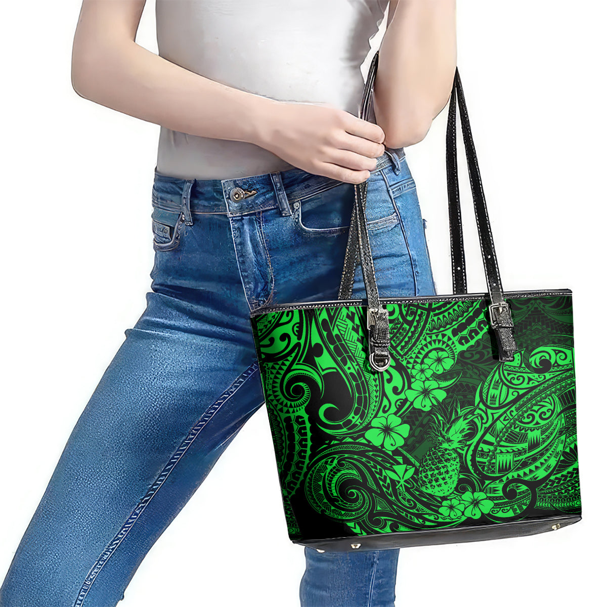 Hawaii Pineapple Leather Tote Bag Paradise Flowers Pacific With Green Polynesian Tribal - Wonder Print Shop