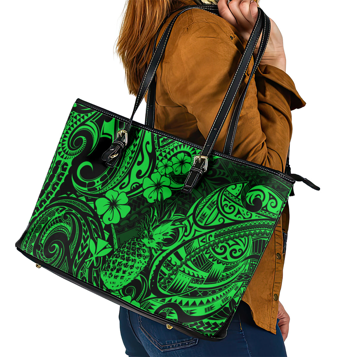 Hawaii Pineapple Leather Tote Bag Paradise Flowers Pacific With Green Polynesian Tribal - Wonder Print Shop