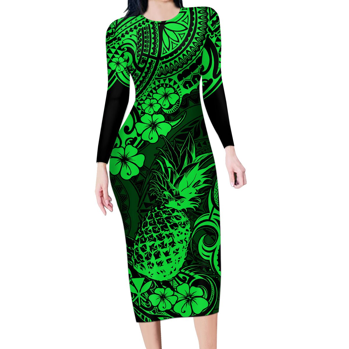 Hawaii Pineapple Long Sleeve Bodycon Dress Paradise Flowers Pacific With Green Polynesian Tribal - Wonder Print Shop