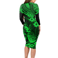 Hawaii Pineapple Long Sleeve Bodycon Dress Paradise Flowers Pacific With Green Polynesian Tribal - Wonder Print Shop