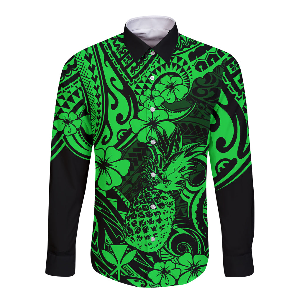 Hawaii Pineapple Long Sleeve Button Shirt Paradise Flowers Pacific With Green Polynesian Tribal - Wonder Print Shop