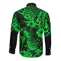 Hawaii Pineapple Long Sleeve Button Shirt Paradise Flowers Pacific With Green Polynesian Tribal - Wonder Print Shop