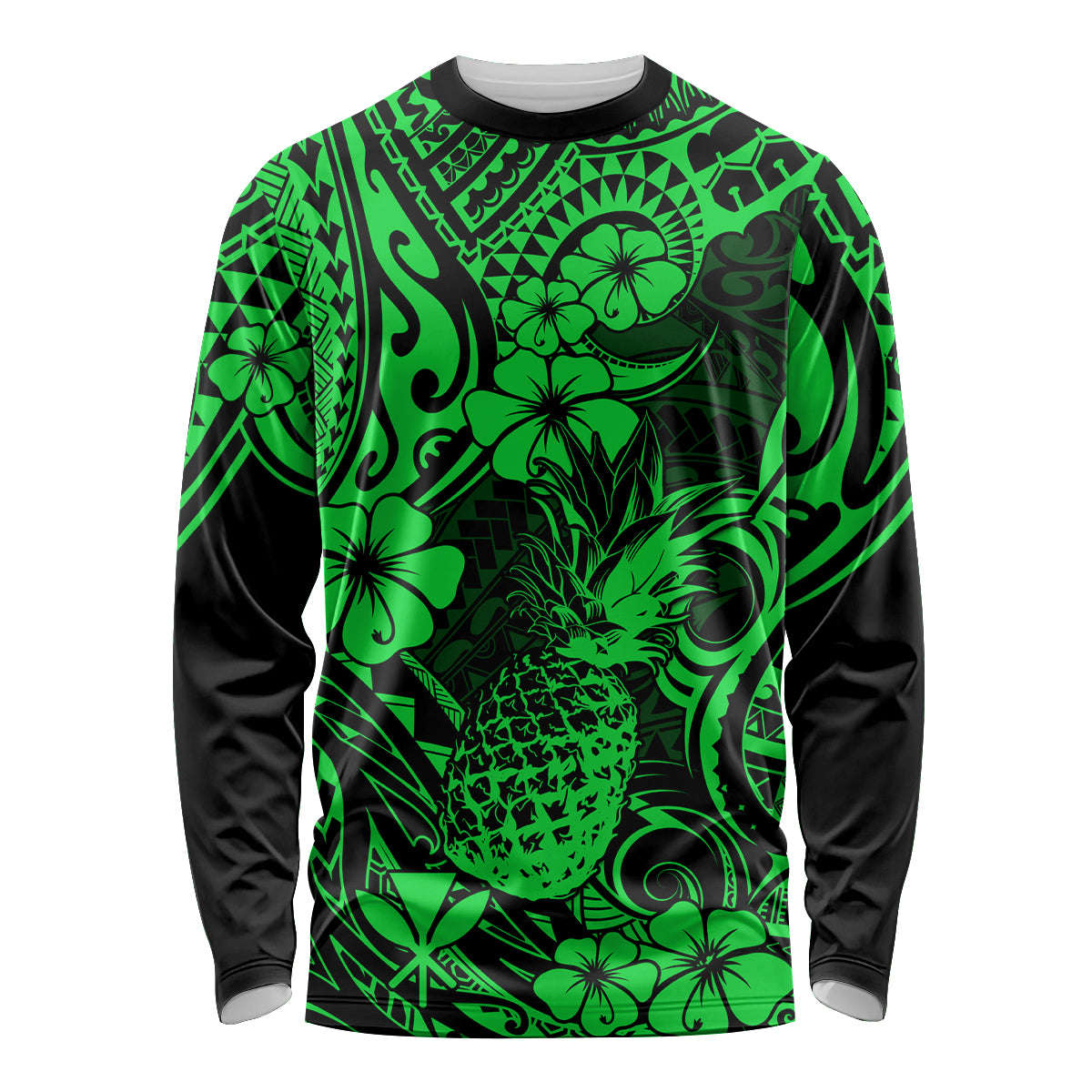 Hawaii Pineapple Long Sleeve Shirt Paradise Flowers Pacific With Green Polynesian Tribal - Wonder Print Shop