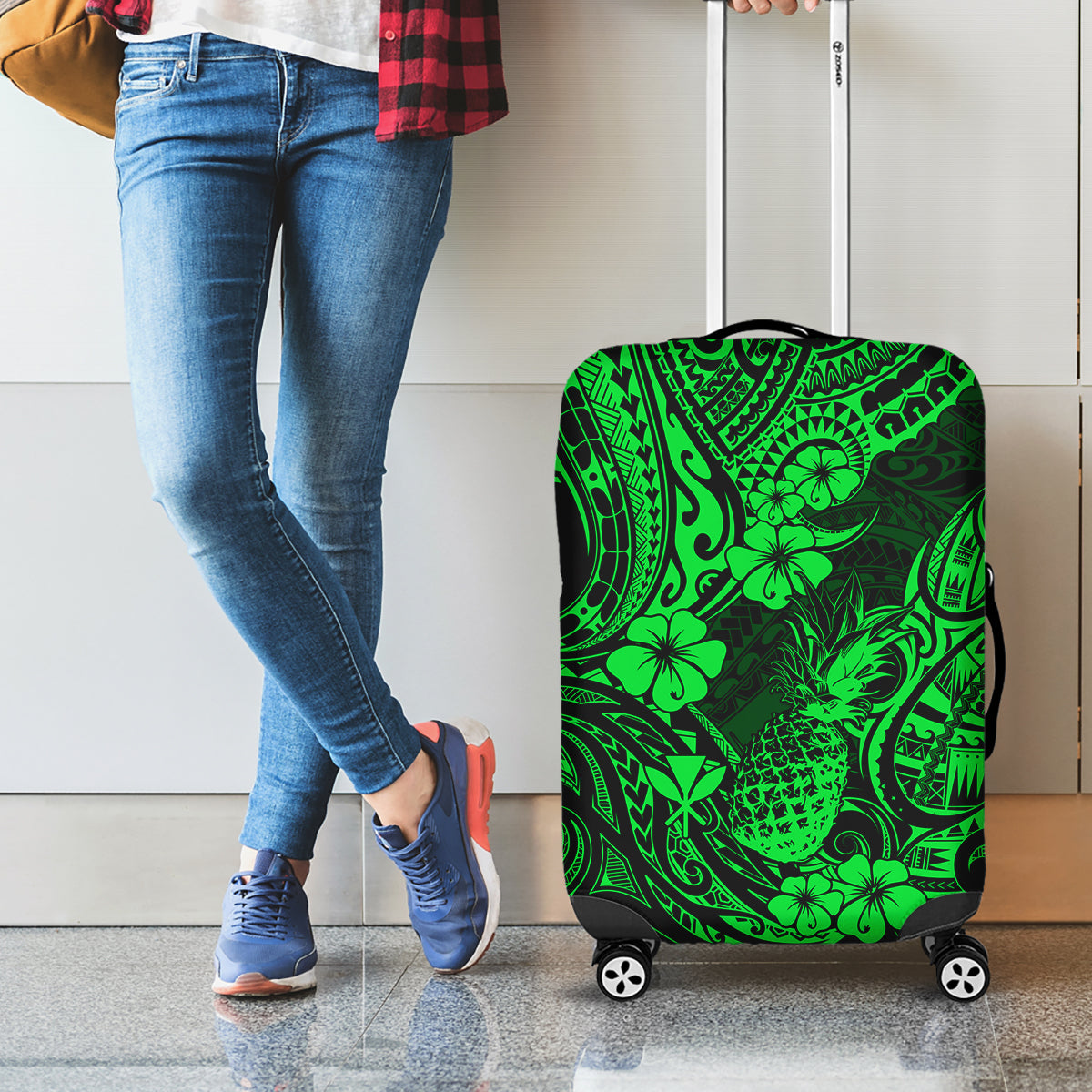 Hawaii Pineapple Luggage Cover Paradise Flowers Pacific With Green Polynesian Tribal - Wonder Print Shop