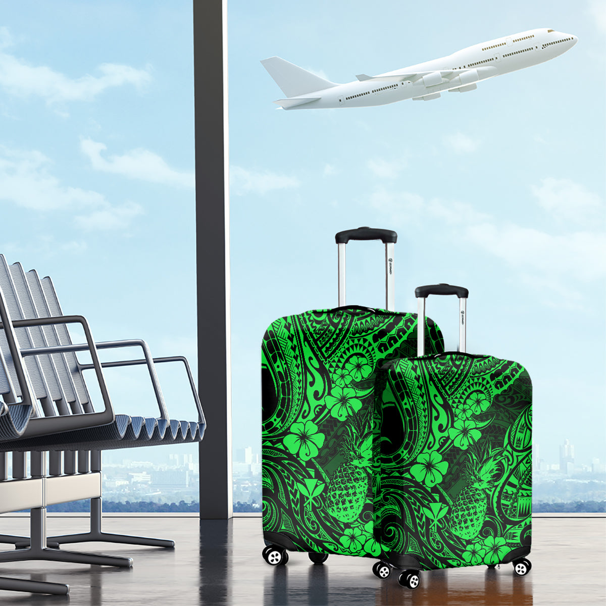 Hawaii Pineapple Luggage Cover Paradise Flowers Pacific With Green Polynesian Tribal - Wonder Print Shop