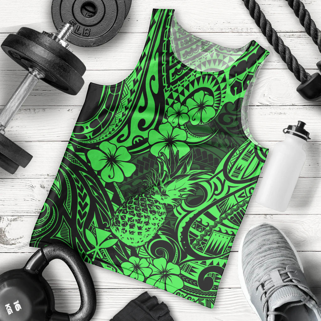 Hawaii Pineapple Men Tank Top Paradise Flowers Pacific With Green Polynesian Tribal - Wonder Print Shop