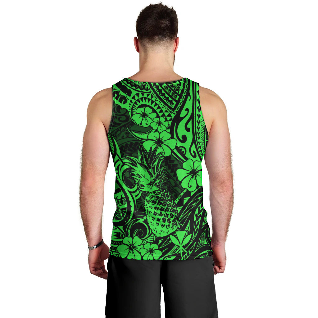 Hawaii Pineapple Men Tank Top Paradise Flowers Pacific With Green Polynesian Tribal - Wonder Print Shop