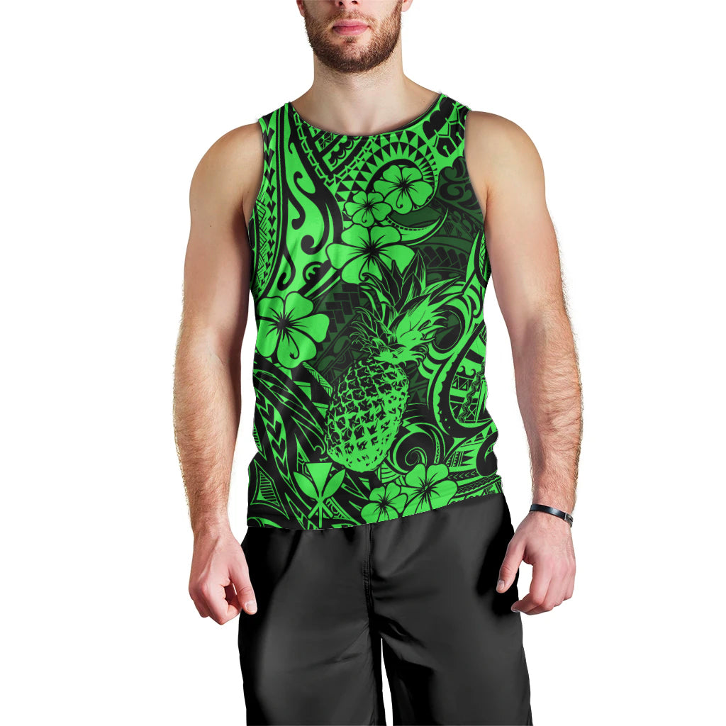 Hawaii Pineapple Men Tank Top Paradise Flowers Pacific With Green Polynesian Tribal - Wonder Print Shop