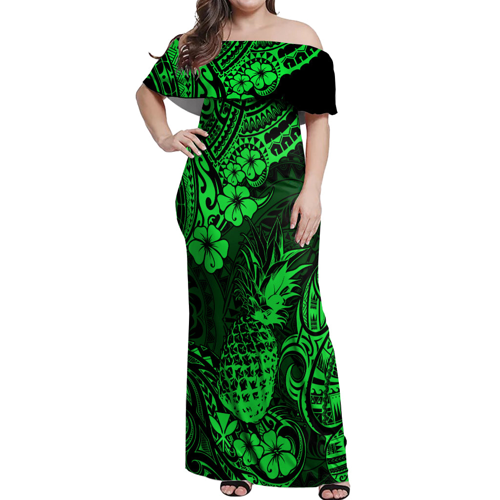 Hawaii Pineapple Off Shoulder Maxi Dress Paradise Flowers Pacific With Green Polynesian Tribal - Wonder Print Shop