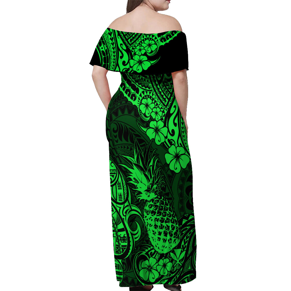 Hawaii Pineapple Off Shoulder Maxi Dress Paradise Flowers Pacific With Green Polynesian Tribal - Wonder Print Shop