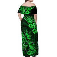 Hawaii Pineapple Off Shoulder Maxi Dress Paradise Flowers Pacific With Green Polynesian Tribal - Wonder Print Shop