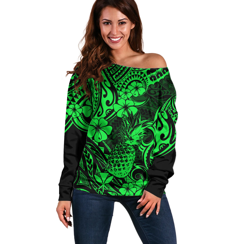Hawaii Pineapple Off Shoulder Sweater Paradise Flowers Pacific With Green Polynesian Tribal - Wonder Print Shop