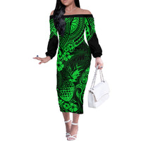 Hawaii Pineapple Off The Shoulder Long Sleeve Dress Paradise Flowers Pacific With Green Polynesian Tribal - Wonder Print Shop