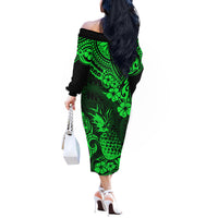 Hawaii Pineapple Off The Shoulder Long Sleeve Dress Paradise Flowers Pacific With Green Polynesian Tribal - Wonder Print Shop