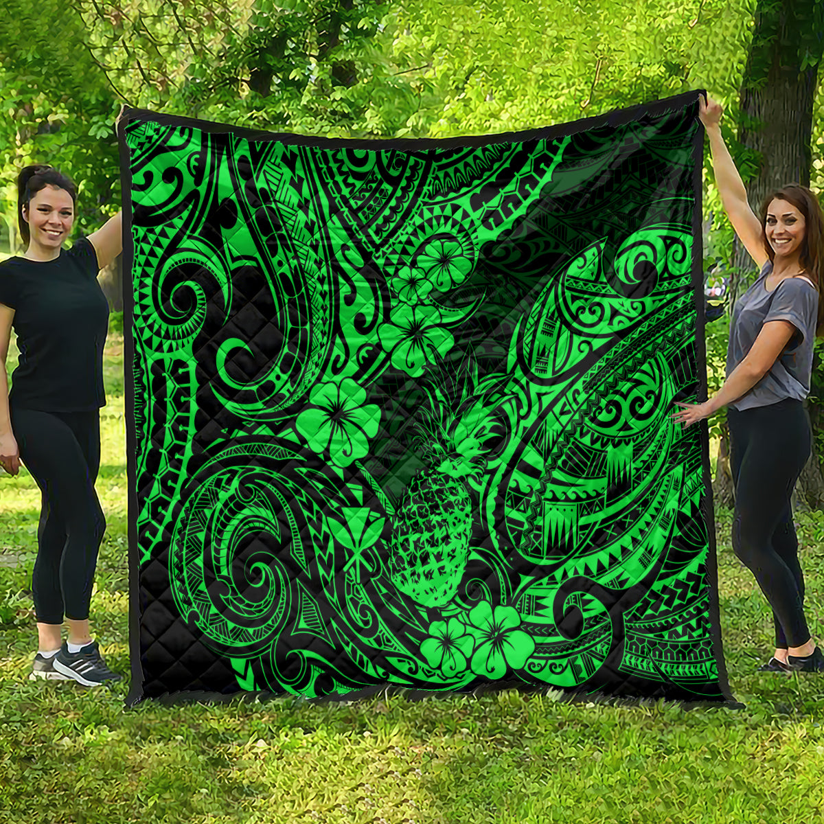 Hawaii Pineapple Quilt Paradise Flowers Pacific With Green Polynesian Tribal - Wonder Print Shop