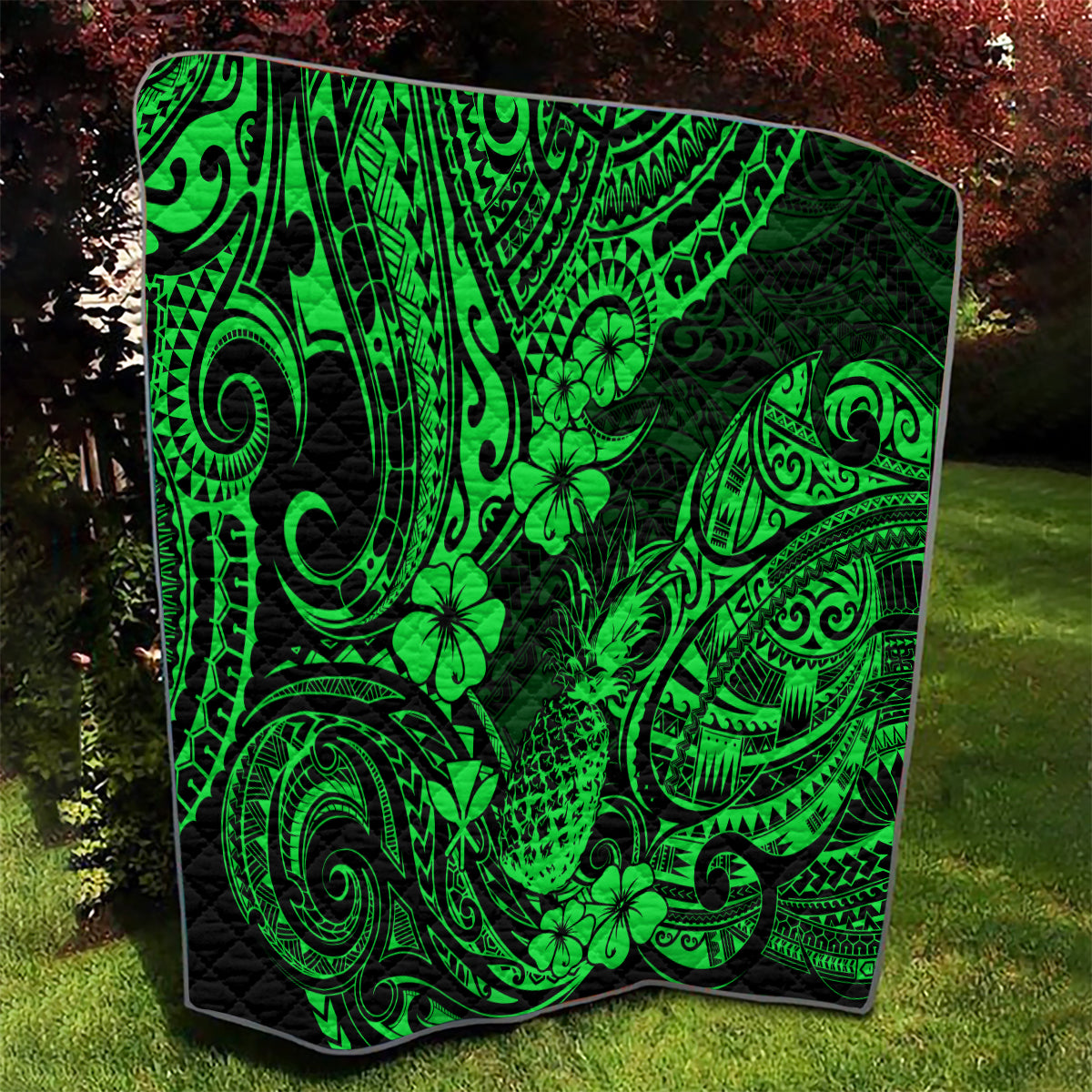Hawaii Pineapple Quilt Paradise Flowers Pacific With Green Polynesian Tribal - Wonder Print Shop