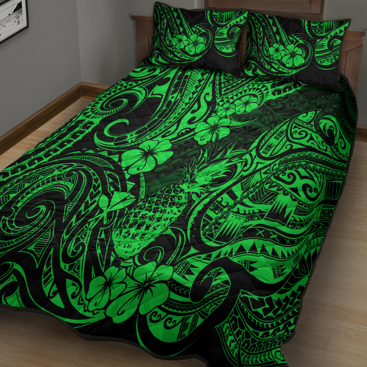 Hawaii Pineapple Quilt Bed Set Paradise Flowers Pacific With Green Polynesian Tribal - Wonder Print Shop
