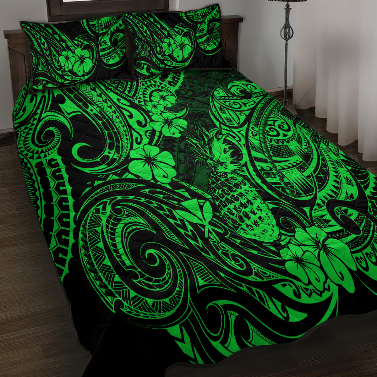 Hawaii Pineapple Quilt Bed Set Paradise Flowers Pacific With Green Polynesian Tribal - Wonder Print Shop