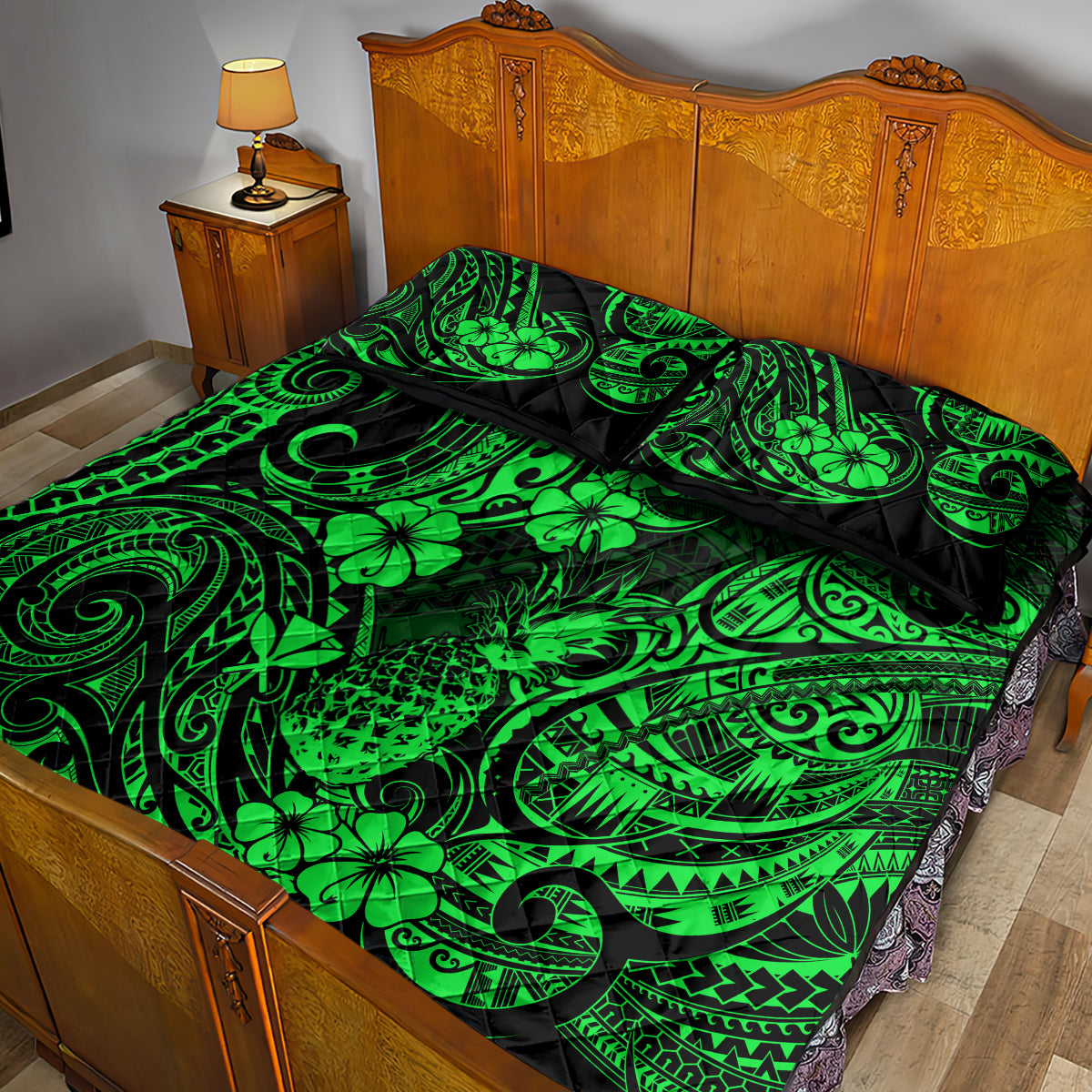 Hawaii Pineapple Quilt Bed Set Paradise Flowers Pacific With Green Polynesian Tribal - Wonder Print Shop