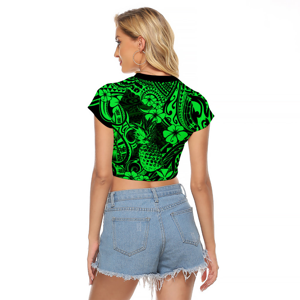 Hawaii Pineapple Raglan Cropped T Shirt Paradise Flowers Pacific With Green Polynesian Tribal - Wonder Print Shop