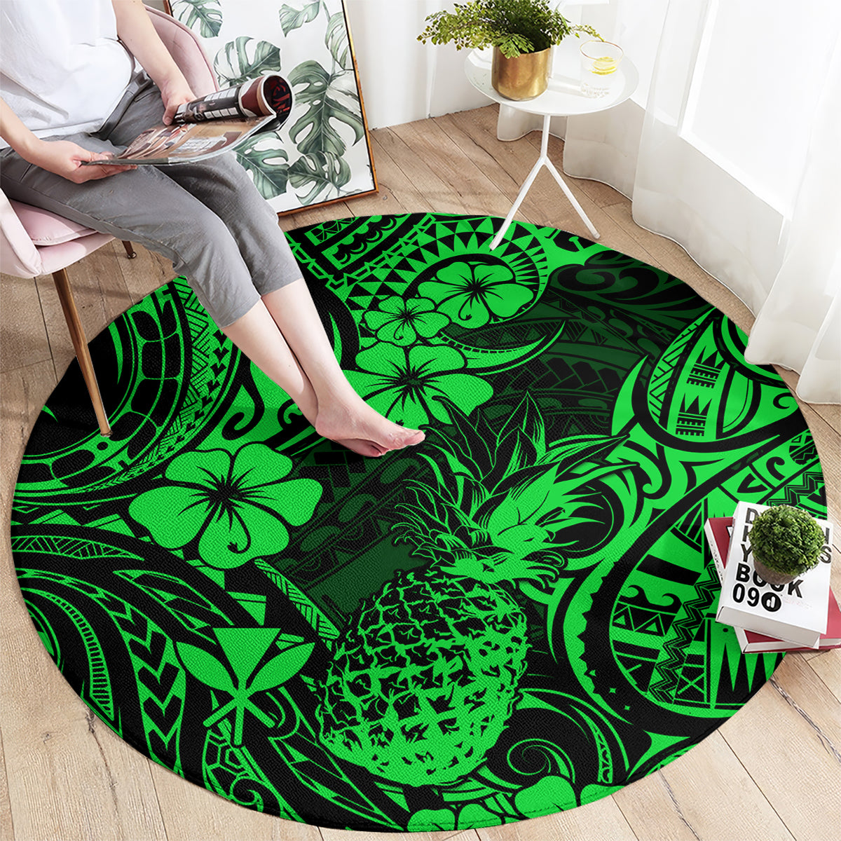 hawaii-pineapple-round-carpet-paradise-flowers-pacific-with-green-polynesian-tribal