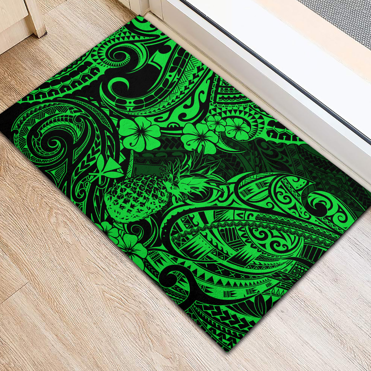 Hawaii Pineapple Rubber Doormat Paradise Flowers Pacific With Green Polynesian Tribal - Wonder Print Shop