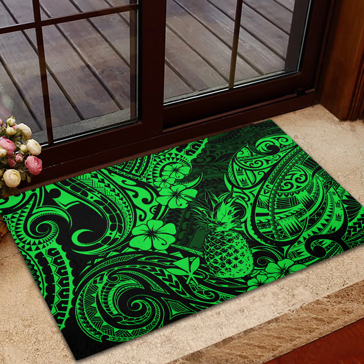 Hawaii Pineapple Rubber Doormat Paradise Flowers Pacific With Green Polynesian Tribal - Wonder Print Shop