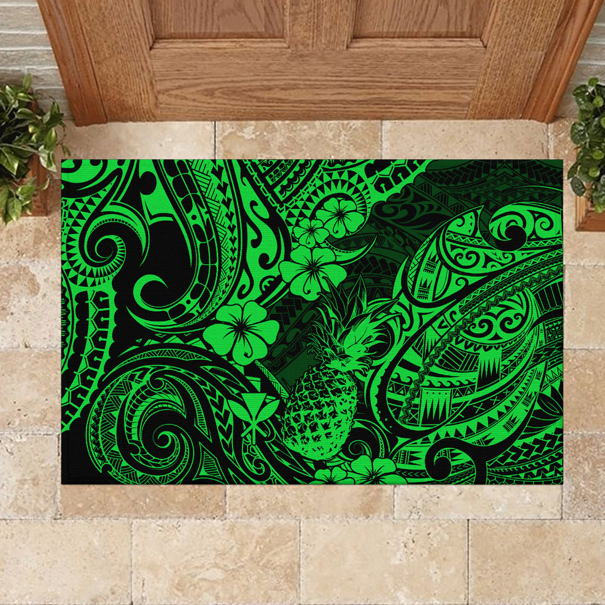 Hawaii Pineapple Rubber Doormat Paradise Flowers Pacific With Green Polynesian Tribal - Wonder Print Shop