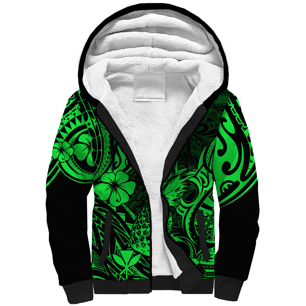 Hawaii Pineapple Sherpa Hoodie Paradise Flowers Pacific With Green Polynesian Tribal - Wonder Print Shop