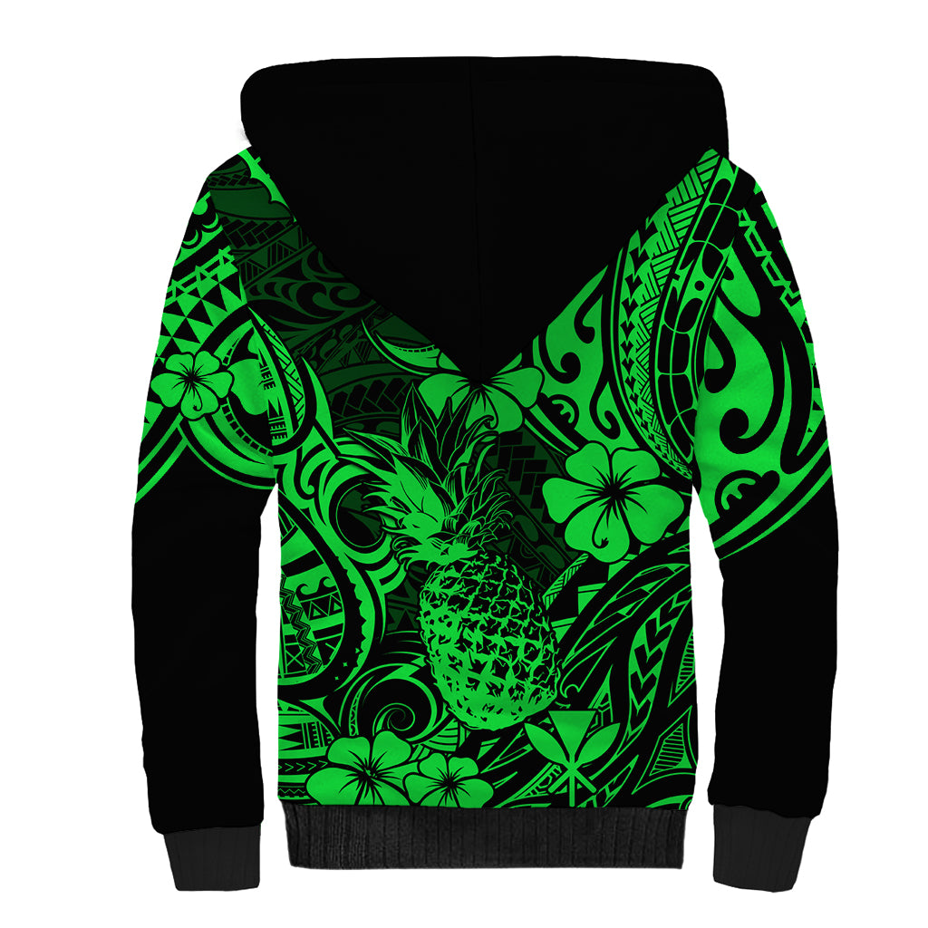 Hawaii Pineapple Sherpa Hoodie Paradise Flowers Pacific With Green Polynesian Tribal - Wonder Print Shop